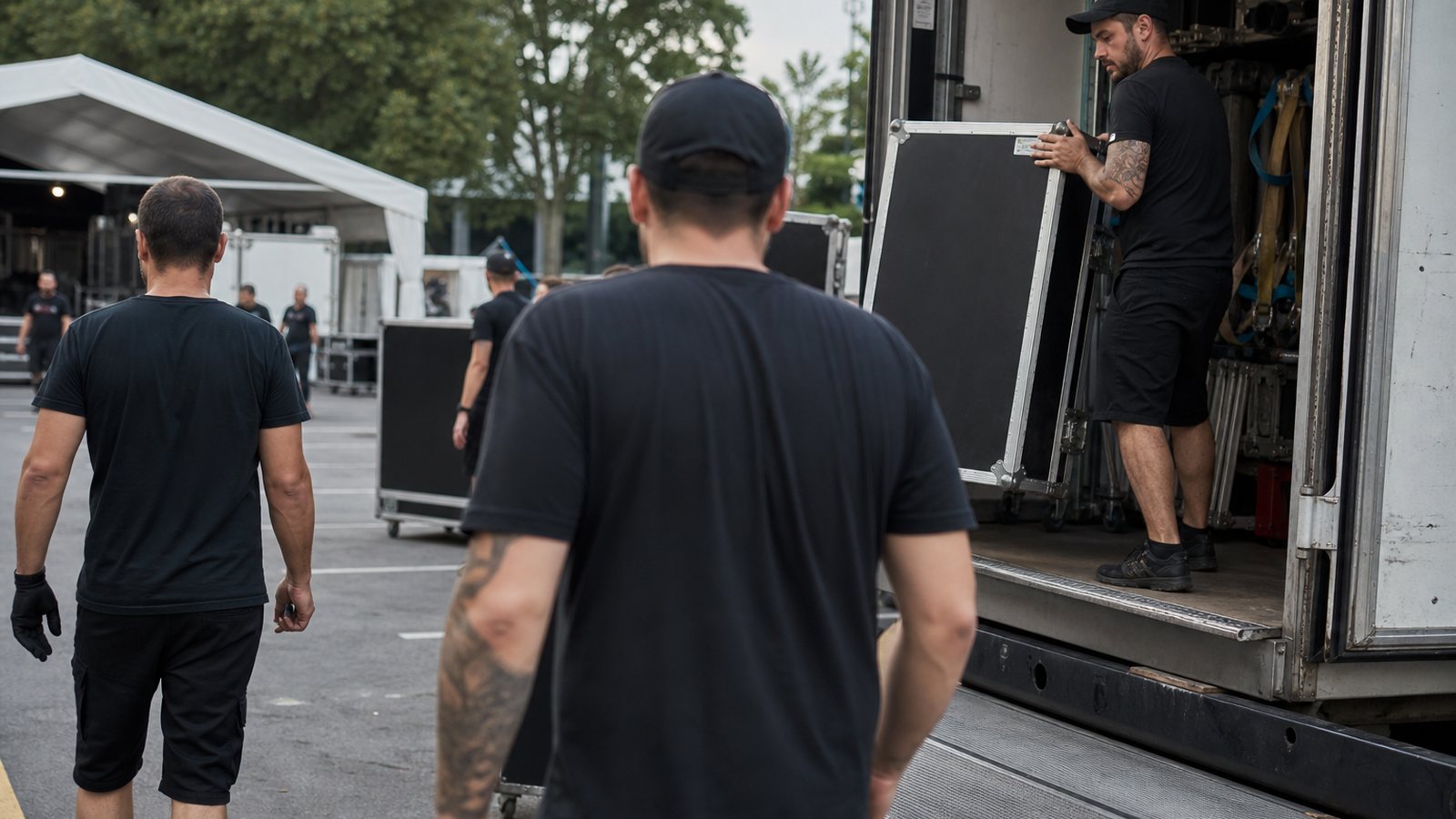 Techniciens chargeant les caisses de matériel dans le camion après le spectacle, sur un quai éclairé de nuit