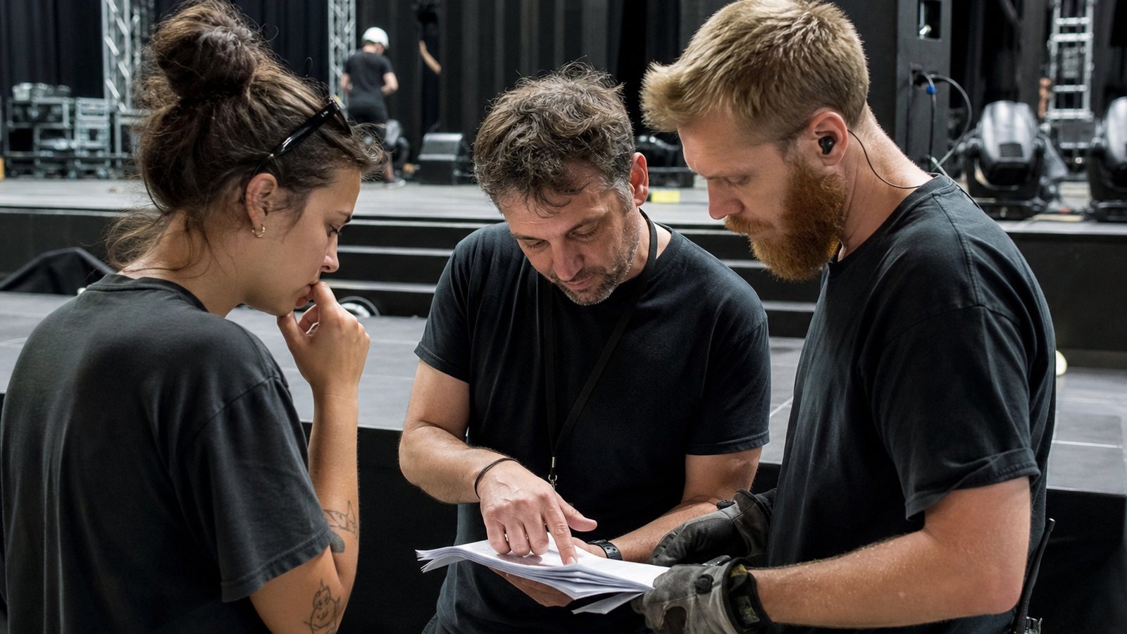 Régisseur et technicien du lieu comparant la fiche technique du spectacle devant le plateau en montage